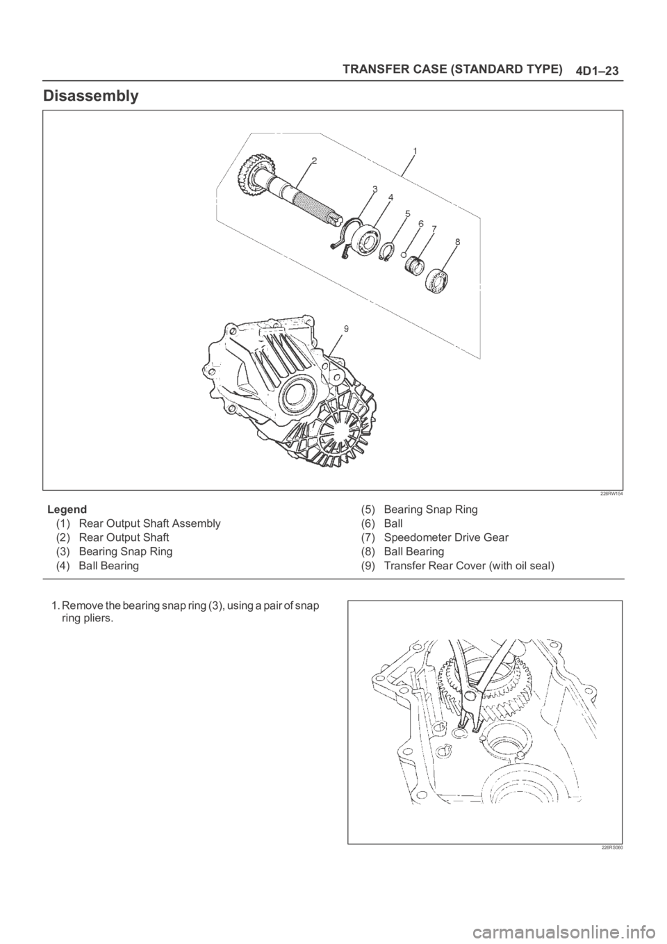 OPEL FRONTERA 1998  Workshop Manual TRANSFER CASE (STANDARD TYPE)
4D1–23
Disassembly
226RW154
Legend
(1) Rear Output Shaft Assembly
(2) Rear Output Shaft
(3) Bearing Snap Ring
(4) Ball Bearing(5) Bearing Snap Ring
(6) Ball
(7) Speedom