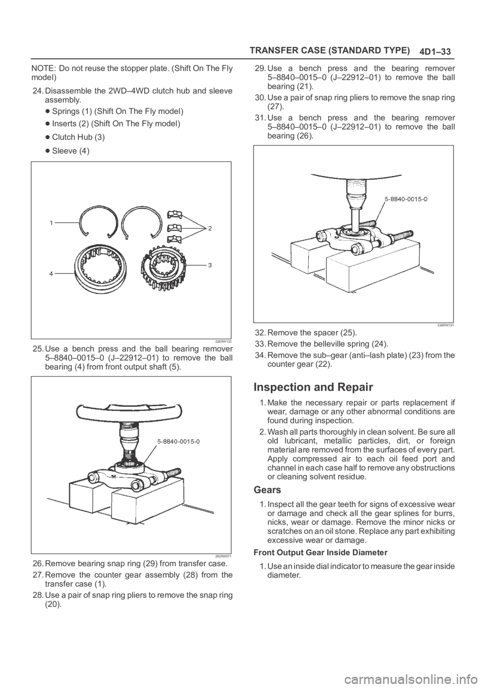 OPEL FRONTERA 1998 Workshop Manual TRANSFER CASE (STANDARD TYPE)
4D1–33
NOTE: Do not reuse the stopper plate. (Shift On The Fly
model)
24. Disassemble the 2WD–4WD clutch hub and sleeve
assembly.
Springs (1) (Shift On The Fly OPEL FRONTERA 1998 Workshop Manual TRANSFER CASE (STANDARD TYPE)
4D1–33
NOTE: Do not reuse the stopper plate. (Shift On The Fly
model)
24. Disassemble the 2WD–4WD clutch hub and sleeve
assembly.
Springs (1) (Shift On The Fly