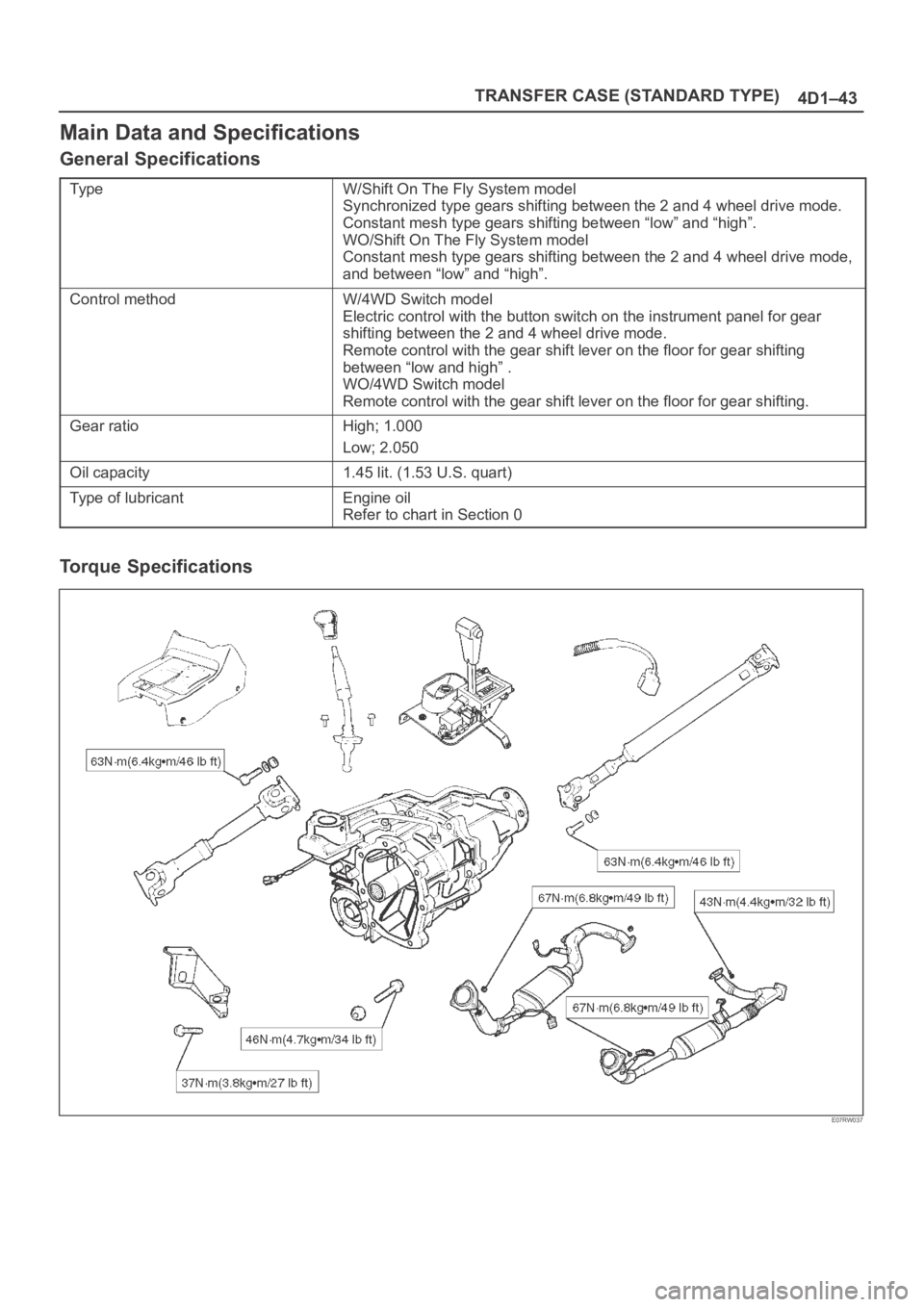 OPEL FRONTERA 1998  Workshop Manual TRANSFER CASE (STANDARD TYPE)
4D1–43
Main Data and Specifications
General Specifications
Ty p eW/Shift On The Fly System model
Synchronized type gears shifting between the 2 and 4 wheel drive mode.
