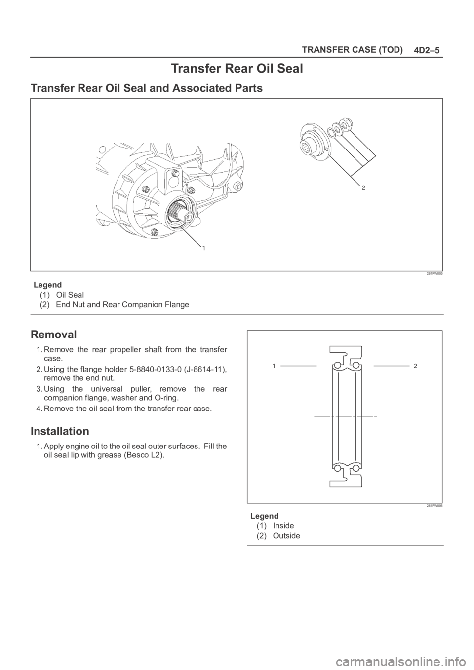 OPEL FRONTERA 1998  Workshop Manual 4D2–5 TRANSFER CASE (TOD)
Transfer Rear Oil Seal
Transfer Rear Oil Seal and Associated Parts
261RW005
Legend
(1) Oil Seal
(2) End Nut and Rear Companion Flange
Removal
1. Remove  the  rear  propelle