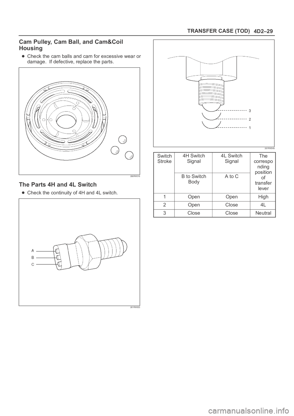 OPEL FRONTERA 1998  Workshop Manual 4D2–29 TRANSFER CASE (TOD)
Cam Pulley, Cam Ball, and Cam&Coil
Housing
Check the cam balls and cam for excessive wear or
damage.  If defective, replace the parts.
266RW016
The Parts 4H and 4L Switch

