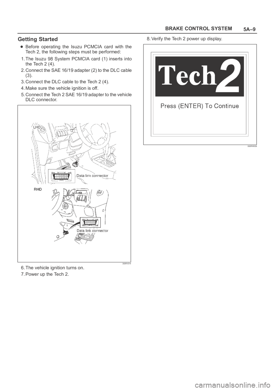 OPEL FRONTERA 1998  Workshop Manual 5A–9 BRAKE CONTROL SYSTEM
Getting Started
Before  operating  the  Isuzu  PCMCIA  card  with  the
Tech 2, the following steps must be performed:
1. The  Isuzu  98  System  PCMCIA  card  (1)  inserts 