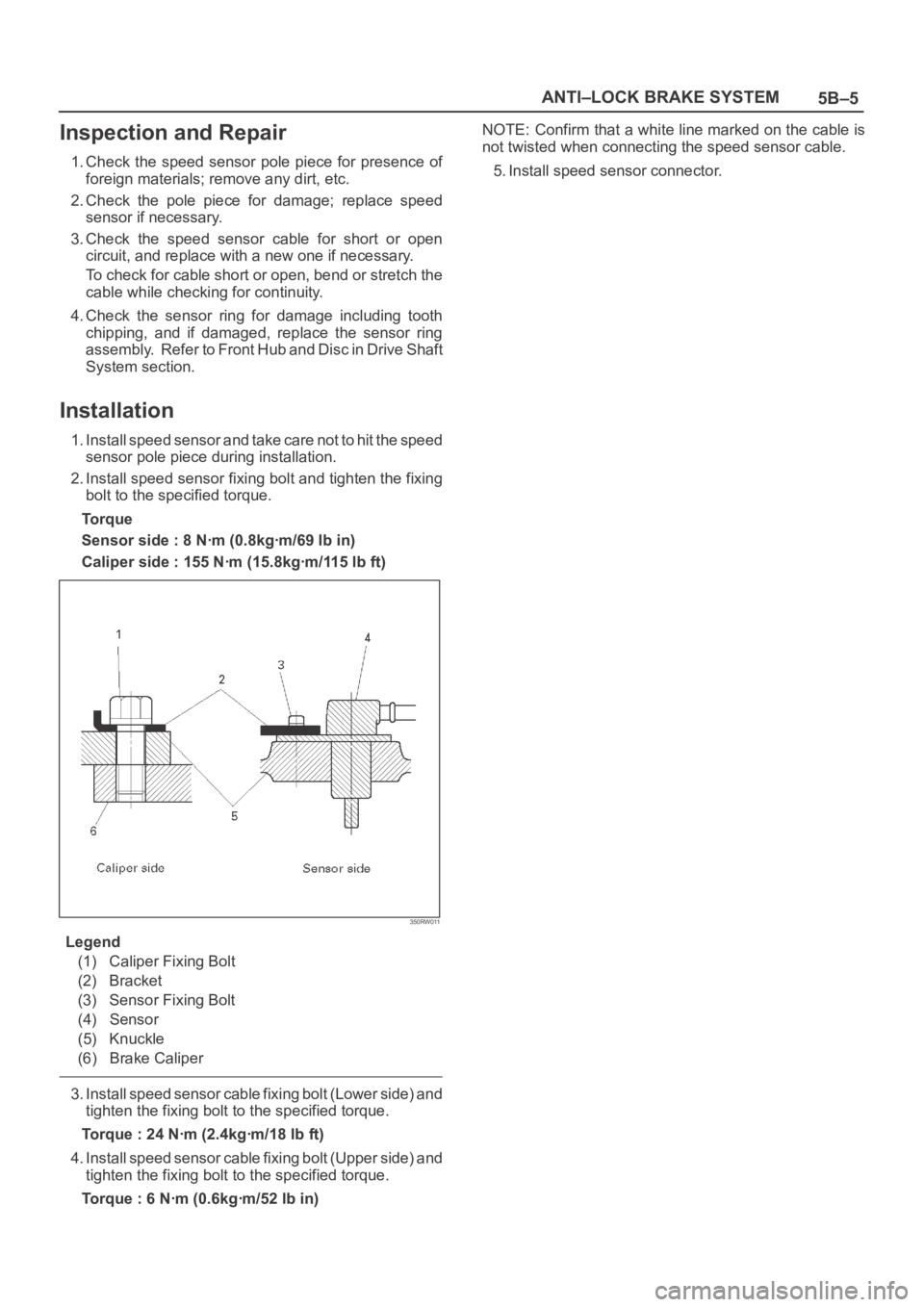OPEL FRONTERA 1998  Workshop Manual 5B–5 ANTI–LOCK BRAKE SYSTEM
Inspection and Repair
1. Check the  speed  sensor pole  piece  for  presence of
foreign materials; remove any dirt, etc.
2. Check  the  pole  piece  for  damage;  repla