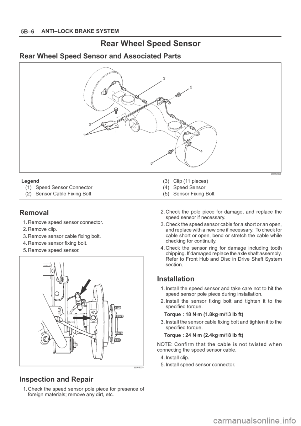 OPEL FRONTERA 1998  Workshop Manual 5B–6ANTI–LOCK BRAKE SYSTEM
Rear Wheel Speed Sensor
Rear Wheel Speed Sensor and Associated Parts
350RW008
Legend
(1) Speed Sensor Connector
(2) Sensor Cable Fixing Bolt(3) Clip (11 pieces)
(4) Spee