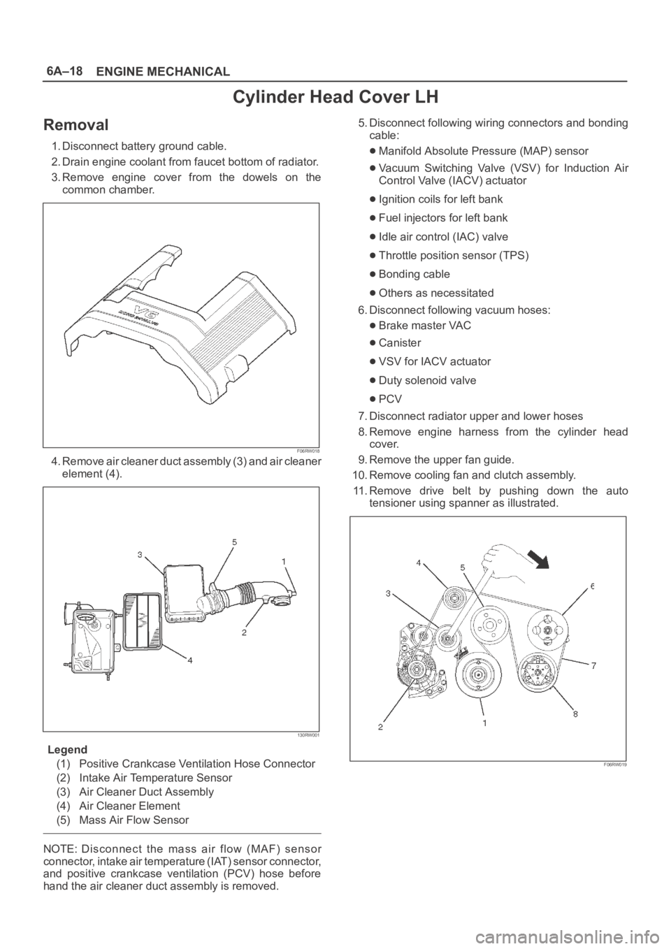 OPEL FRONTERA 1998 Workshop Manual 6A–18
ENGINE MECHANICAL
Cylinder Head Cover LH
Removal
1. Disconnect battery ground cable.
2. Drain engine coolant from faucet bottom of radiator.
3. Remove engine cover from the dowels on th OPEL FRONTERA 1998 Workshop Manual 6A–18
ENGINE MECHANICAL
Cylinder Head Cover LH
Removal
1. Disconnect battery ground cable.
2. Drain engine coolant from faucet bottom of radiator.
3. Remove engine cover from the dowels on th