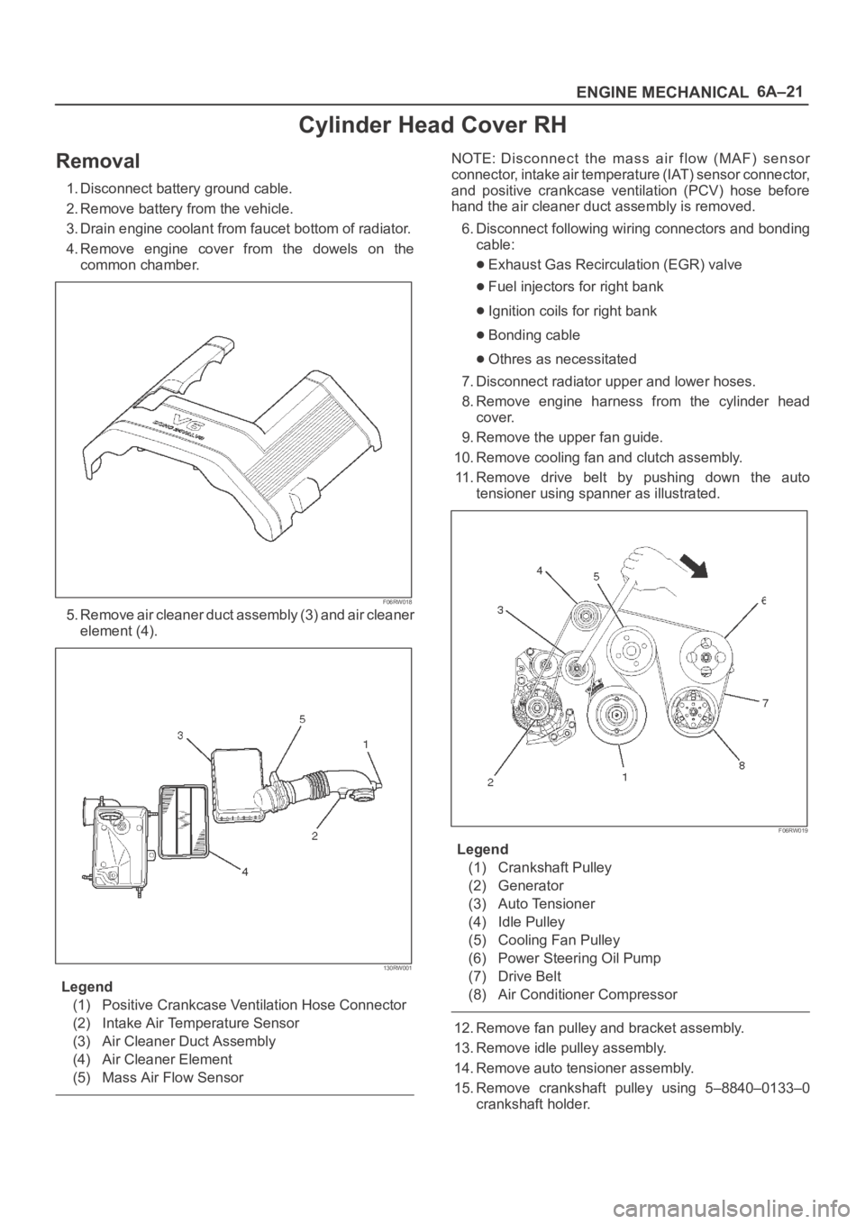 OPEL FRONTERA 1998 Workshop Manual 6A–21
ENGINE MECHANICAL
Cylinder Head Cover RH
Removal
1. Disconnect battery ground cable.
2. Remove battery from the vehicle.
3. Drain engine coolant from faucet bottom of radiator.
4. Remove engi OPEL FRONTERA 1998 Workshop Manual 6A–21
ENGINE MECHANICAL
Cylinder Head Cover RH
Removal
1. Disconnect battery ground cable.
2. Remove battery from the vehicle.
3. Drain engine coolant from faucet bottom of radiator.
4. Remove engi