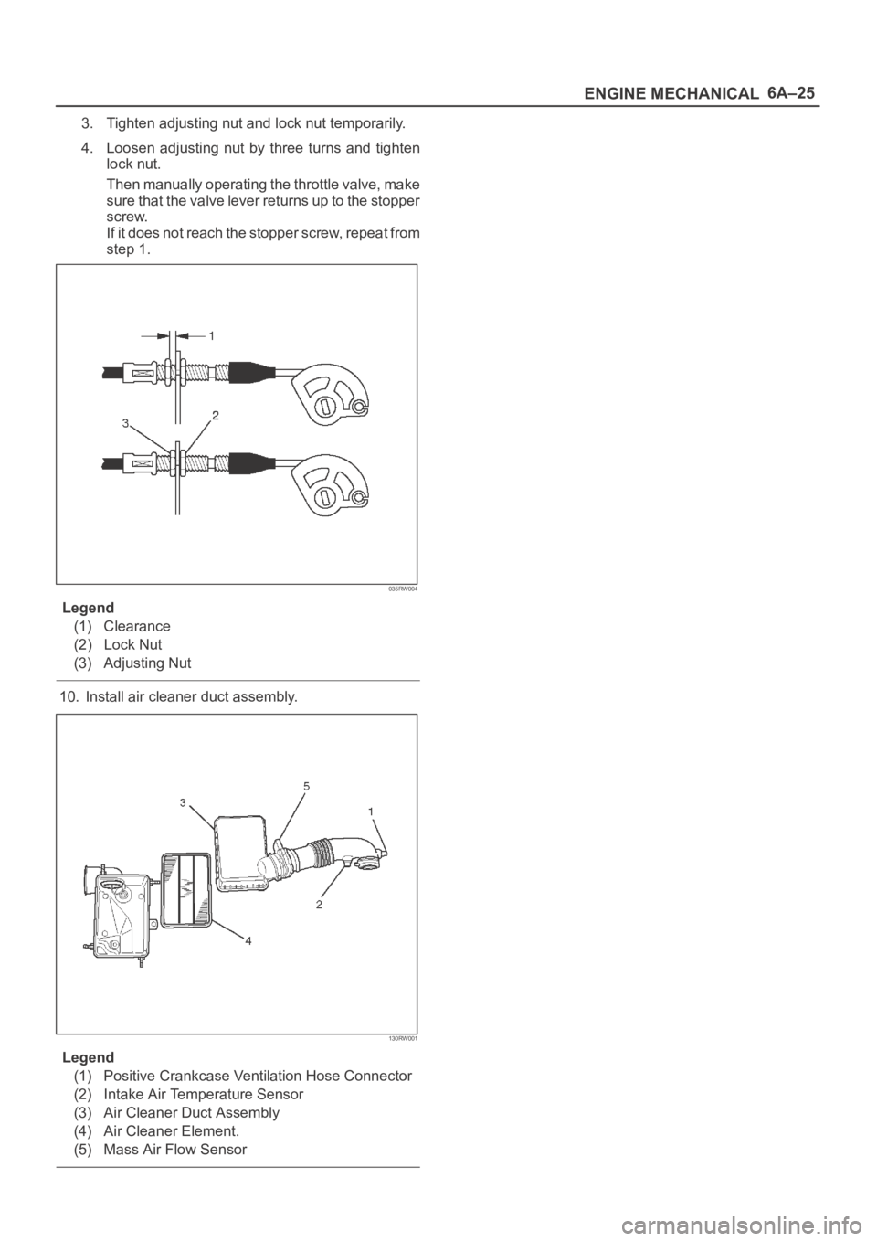 OPEL FRONTERA 1998  Workshop Manual 6A–25
ENGINE MECHANICAL
3. Tighten adjusting nut and lock nut temporarily.
4. Loosen  adjusting  nut  by  three  turns  and  tighten
lock nut.
Then manually operating the throttle valve, make
sure t