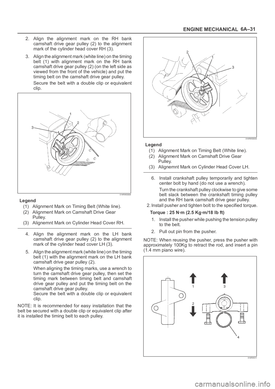 OPEL FRONTERA 1998 Workshop Manual 6A–31
ENGINE MECHANICAL
2. Align the alignment mark on the RH bank
camshaft drive gear pulley (2) to the alignment
mark of the cylinder head cover RH (3).
3. Align the alignment mark ( OPEL FRONTERA 1998 Workshop Manual 6A–31
ENGINE MECHANICAL
2. Align the alignment mark on the RH bank
camshaft drive gear pulley (2) to the alignment
mark of the cylinder head cover RH (3).
3. Align the alignment mark (