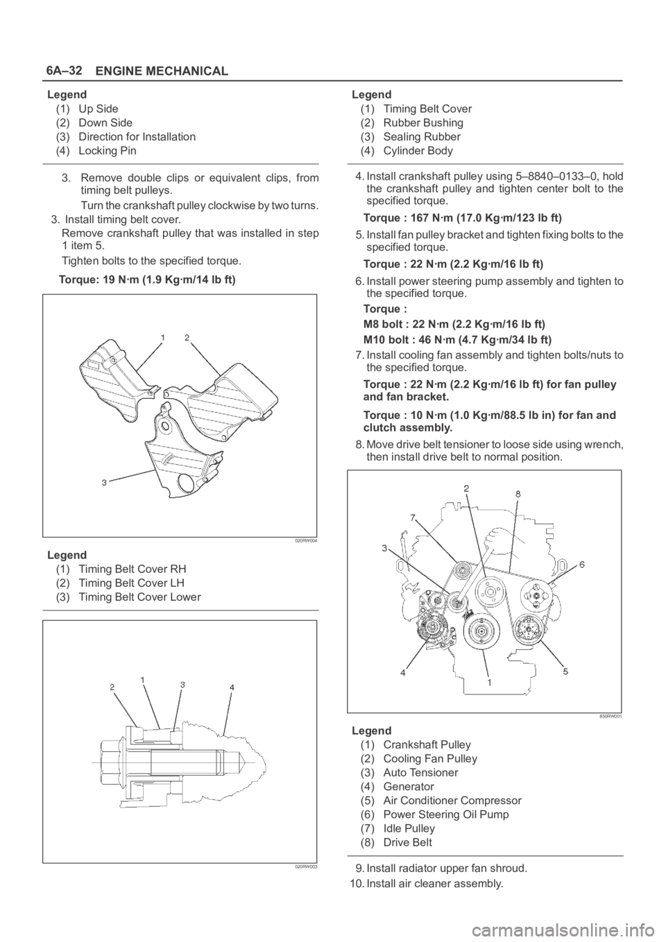 OPEL FRONTERA 1998 Workshop Manual 6A–32
ENGINE MECHANICAL
Legend
(1) Up Side
(2) Down Side
(3) Direction for Installation
(4) Locking Pin
3. Remove double clips or equivalent clips, from
timing belt pulleys.
Turn the crankshaf OPEL FRONTERA 1998 Workshop Manual 6A–32
ENGINE MECHANICAL
Legend
(1) Up Side
(2) Down Side
(3) Direction for Installation
(4) Locking Pin
3. Remove double clips or equivalent clips, from
timing belt pulleys.
Turn the crankshaf