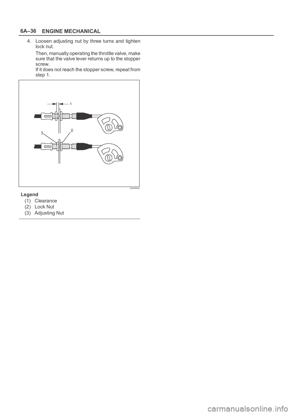 OPEL FRONTERA 1998  Workshop Manual 6A–36
ENGINE MECHANICAL
4. Loosen  adjusting  nut  by  three  turns  and  tighten
lock nut.
Then, manually operating the throttle valve, make
sure that the valve lever returns up to the stopper
scre