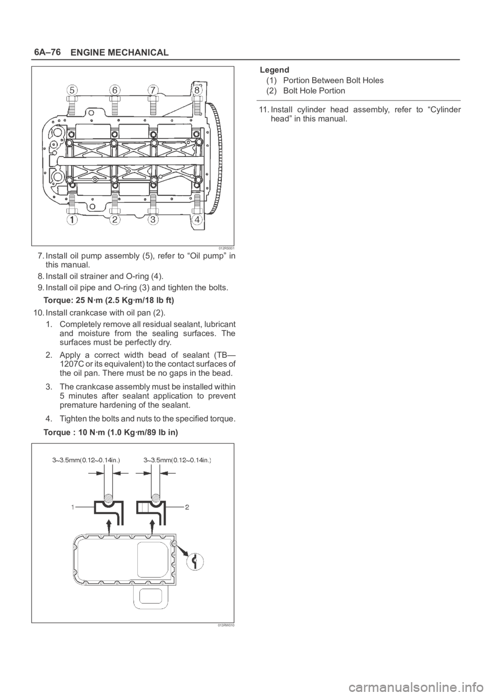OPEL FRONTERA 1998  Workshop Manual 6A–76
ENGINE MECHANICAL
012RS001
7. Install  oil  pump  assembly  (5),  refer  to  “Oil  pump”  in
this manual.
8. Install oil strainer and O-ring (4).
9. Install oil pipe and O-ring (3) and tig