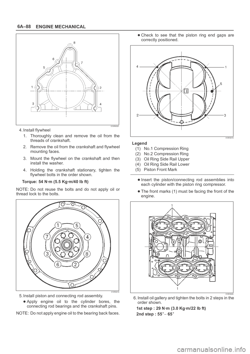 OPEL FRONTERA 1998 Workshop Manual 6A–88
ENGINE MECHANICAL
015RW001
4. Install flywheel
1. Thoroughly clean and remove the oil from the
threads of crankshaft.
2. Remove the oil from the crankshaft and flywheel
mounting faces.
OPEL FRONTERA 1998 Workshop Manual 6A–88
ENGINE MECHANICAL
015RW001
4. Install flywheel
1. Thoroughly clean and remove the oil from the
threads of crankshaft.
2. Remove the oil from the crankshaft and flywheel
mounting faces.