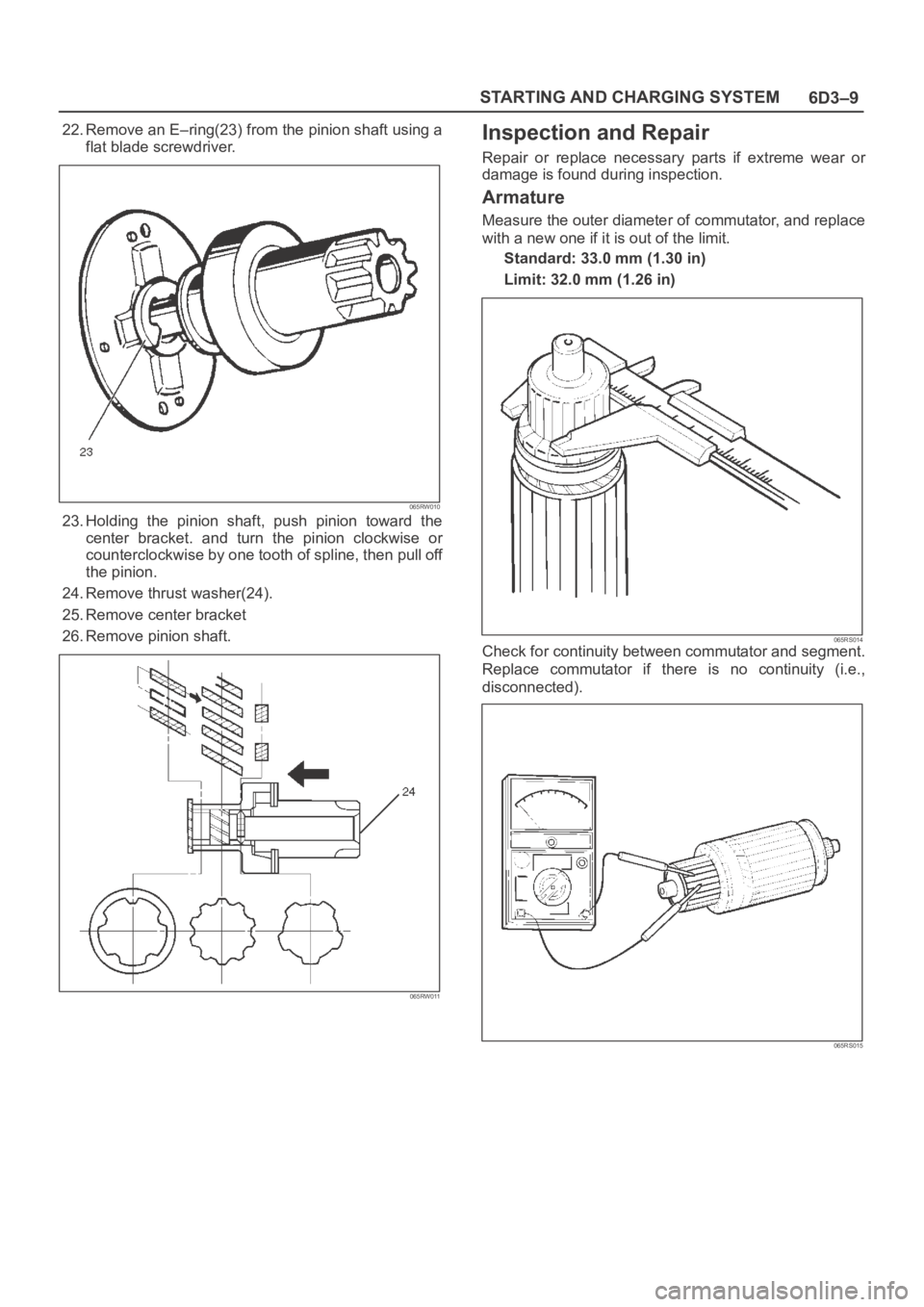 OPEL FRONTERA 1998  Workshop Manual 6D3–9 STARTING AND CHARGING SYSTEM
22. Remove an E–ring(23) from the pinion shaft using a
flat blade screwdriver.
065RW010
23. Holding  the  pinion  shaft,  push  pinion  toward  the
center  brack