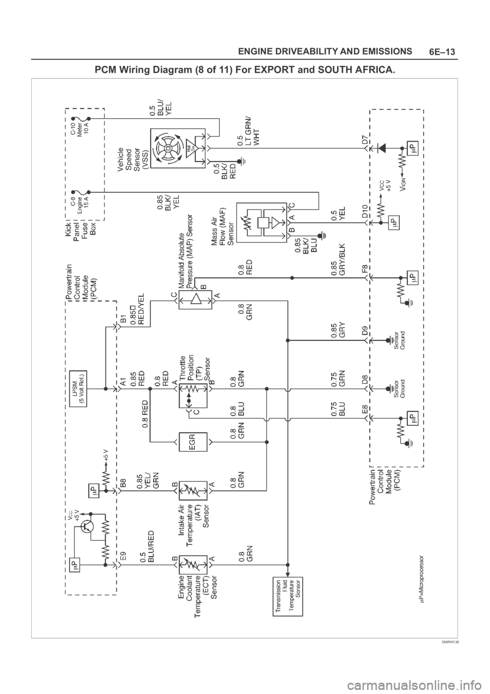 OPEL FRONTERA 1998  Workshop Manual 6E–13 ENGINE DRIVEABILITY AND EMISSIONS
PCM Wiring Diagram (8 of 11) For EXPORT and SOUTH AFRICA.
D06RW138 