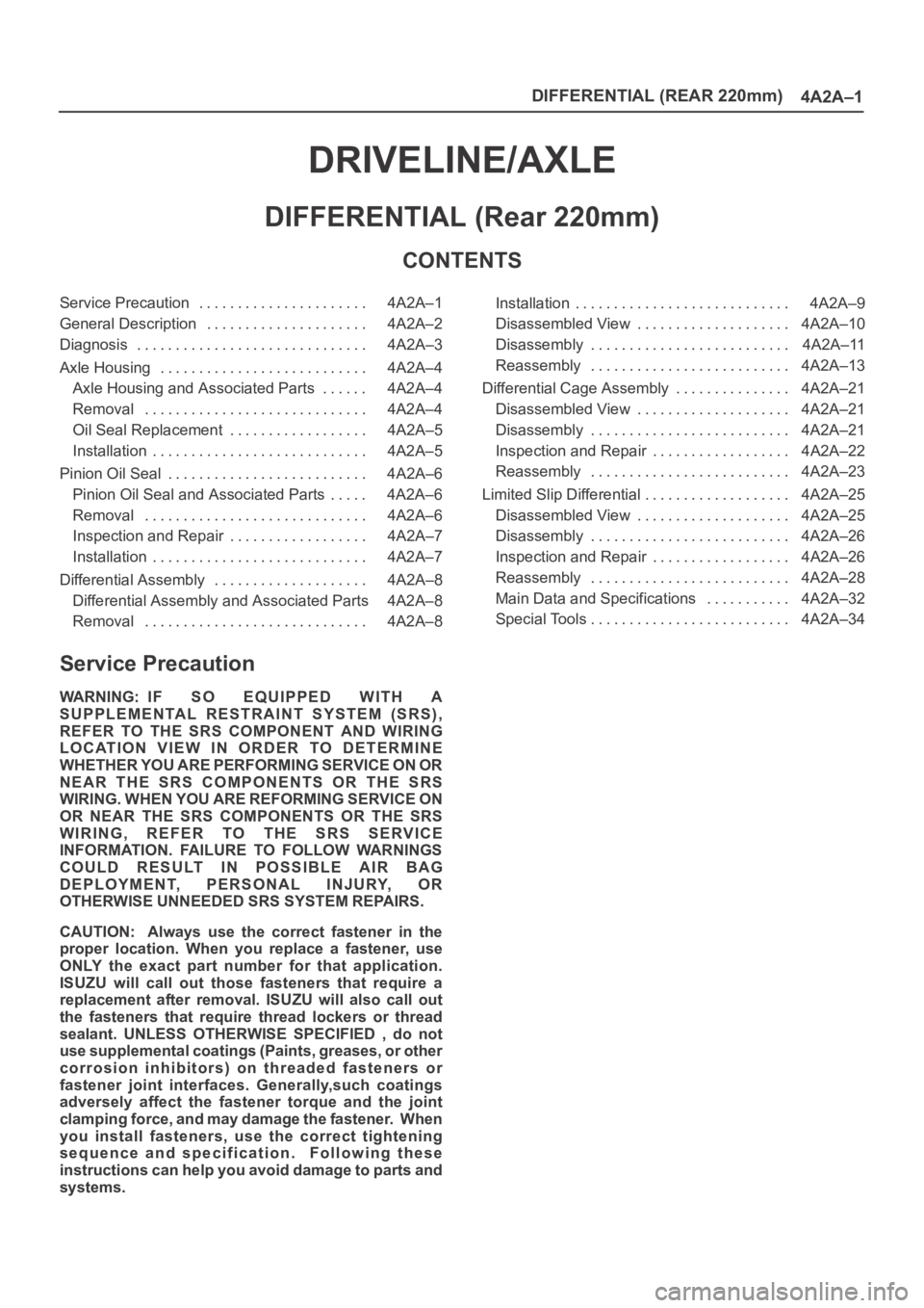 OPEL FRONTERA 1998 Workshop Manual DIFFERENTIAL (REAR 220mm)
4A2A–1
DRIVELINE/AXLE
DIFFERENTIAL (Rear 220mm)
CONTENTS
Service Precaution 4A2A–1. . . . . . . . . . . . . . . . . . . . . .
General Description 4A2A–2. . . . . . . . OPEL FRONTERA 1998 Workshop Manual DIFFERENTIAL (REAR 220mm)
4A2A–1
DRIVELINE/AXLE
DIFFERENTIAL (Rear 220mm)
CONTENTS
Service Precaution 4A2A–1. . . . . . . . . . . . . . . . . . . . . .
General Description 4A2A–2. . . . . . . .