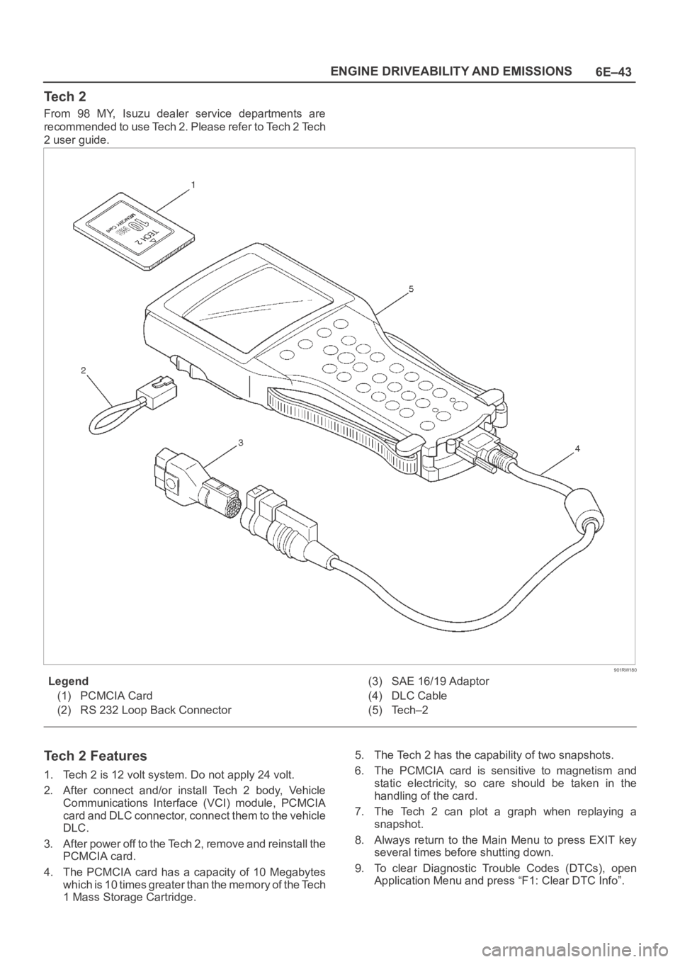 OPEL FRONTERA 1998 Workshop Manual 6E–43 ENGINE DRIVEABILITY AND EMISSIONS
Te c h 2
From 98 MY, Isuzu dealer service departments are
recommended to use Tech 2. Please refer to Tech 2 Tech
2 user guide.
901RW180
Legend
(1) PC OPEL FRONTERA 1998 Workshop Manual 6E–43 ENGINE DRIVEABILITY AND EMISSIONS
Te c h 2
From 98 MY, Isuzu dealer service departments are
recommended to use Tech 2. Please refer to Tech 2 Tech
2 user guide.
901RW180
Legend
(1) PC
