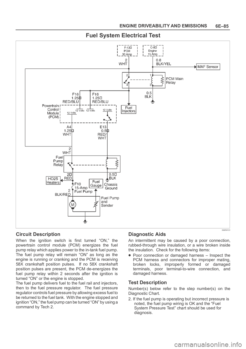 OPEL FRONTERA 1998 Workshop Manual 6E–85 ENGINE DRIVEABILITY AND EMISSIONS
Fuel System Electrical Test
D06RW101
Circuit Description
When the ignition switch is first turned “ON,” the
powertrain control module (PCM) energizes OPEL FRONTERA 1998 Workshop Manual 6E–85 ENGINE DRIVEABILITY AND EMISSIONS
Fuel System Electrical Test
D06RW101
Circuit Description
When the ignition switch is first turned “ON,” the
powertrain control module (PCM) energizes