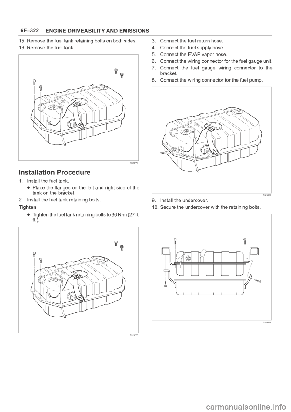 OPEL FRONTERA 1998  Workshop Manual 6E–322
ENGINE DRIVEABILITY AND EMISSIONS
15. Remove the fuel tank retaining bolts on both sides.
16. Remove the fuel tank.
TS23770
Installation Procedure
1. Install the fuel tank.
Place the flanges 