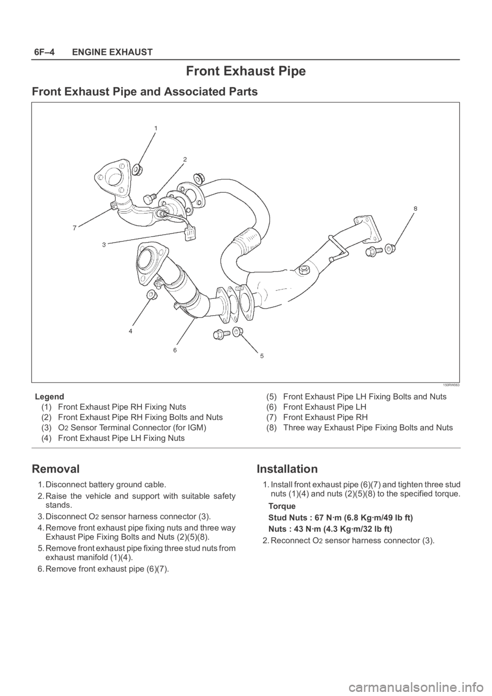 OPEL FRONTERA 1998 Workshop Manual 6F–4ENGINE EXHAUST
Front Exhaust Pipe
Front Exhaust Pipe and Associated Parts
150RW063
Legend
(1) Front Exhaust Pipe RH Fixing Nuts
(2) Front Exhaust Pipe RH Fixing Bolts and Nuts
(3) O
2 Sensor Ter OPEL FRONTERA 1998 Workshop Manual 6F–4ENGINE EXHAUST
Front Exhaust Pipe
Front Exhaust Pipe and Associated Parts
150RW063
Legend
(1) Front Exhaust Pipe RH Fixing Nuts
(2) Front Exhaust Pipe RH Fixing Bolts and Nuts
(3) O
2 Sensor Ter