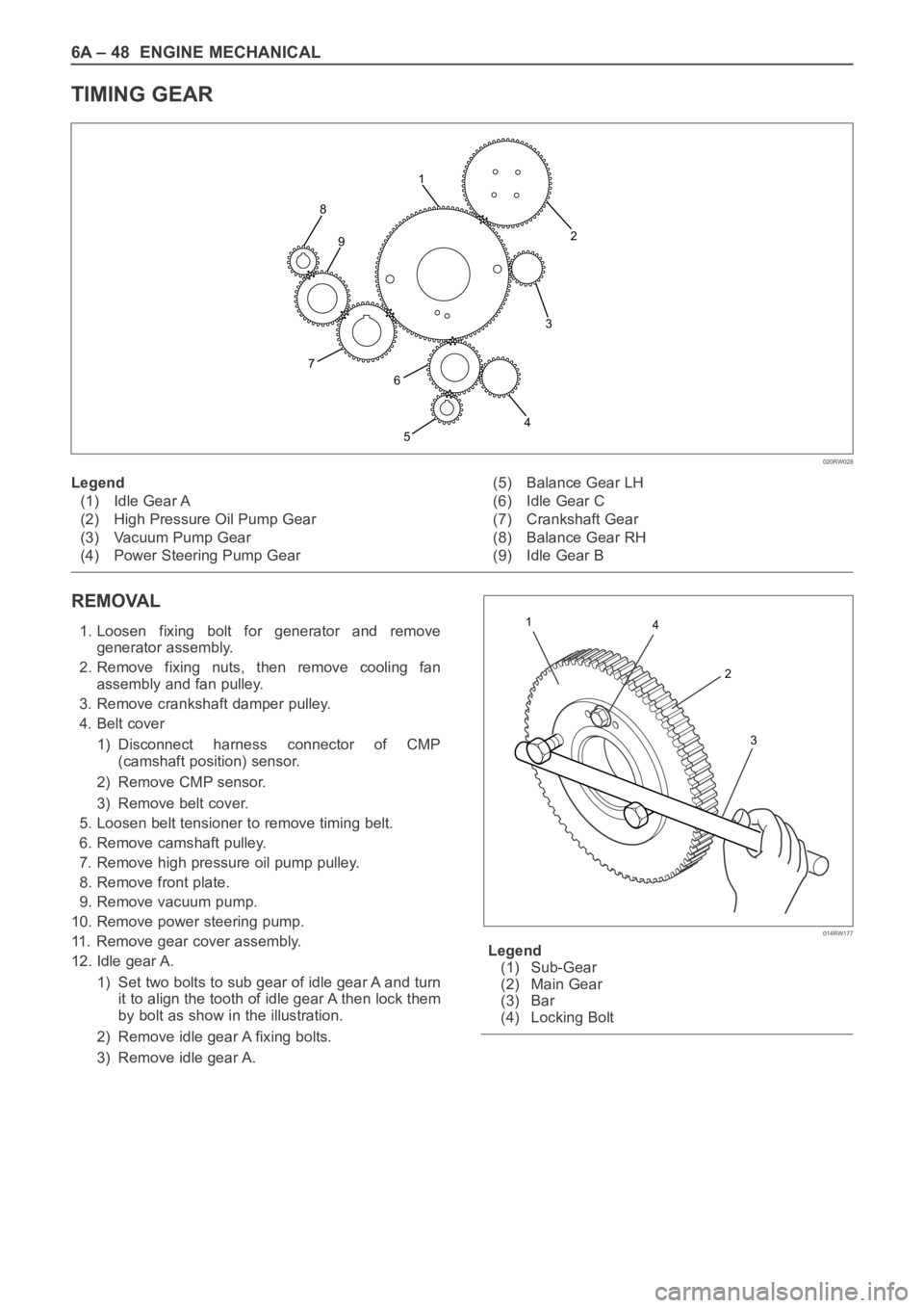 OPEL FRONTERA 1998  Workshop Manual 6A – 48 ENGINE MECHANICAL
TIMING GEAR 
REMOVAL
1. Loosen  fixing  bolt  for  generator  and  remove
generator assembly.
2. Remove  fixing  nuts,  then  remove  cooling  fan
assembly and fan pulley.
