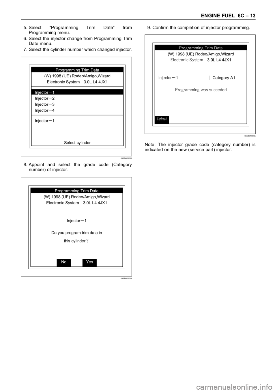 OPEL FRONTERA 1998  Workshop Manual ENGINE FUEL 6C – 13
5. Select  “Programming  Trim  Date”  from
Programming menu.
6. Select  the  injector  change  from  Programming  Trim
Date menu.
7. Select the cylinder number which changed 