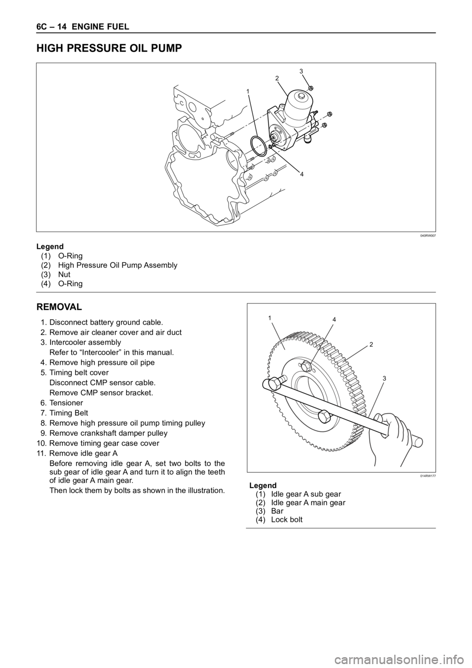 OPEL FRONTERA 1998  Workshop Manual 6C – 14 ENGINE FUEL
HIGH PRESSURE OIL PUMP
REMOVAL
1. Disconnect battery ground cable.
2. Remove air cleaner cover and air duct
3. Intercooler assembly
Refer to “Intercooler” in this manual.
4. 