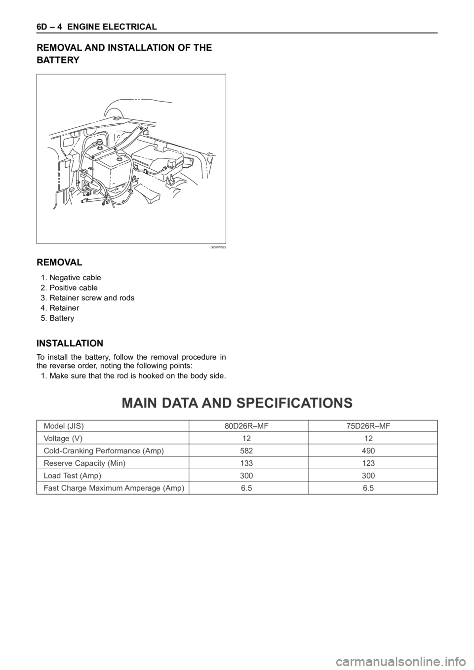 OPEL FRONTERA 1998  Workshop Manual 6D – 4 ENGINE ELECTRICAL
REMOVAL AND INSTALLATION OF THE
BATTERY
REMOVAL
1. Negative cable
2. Positive cable
3. Retainer screw and rods
4. Retainer
5. Battery
INSTALLATION
To  install  the  battery,