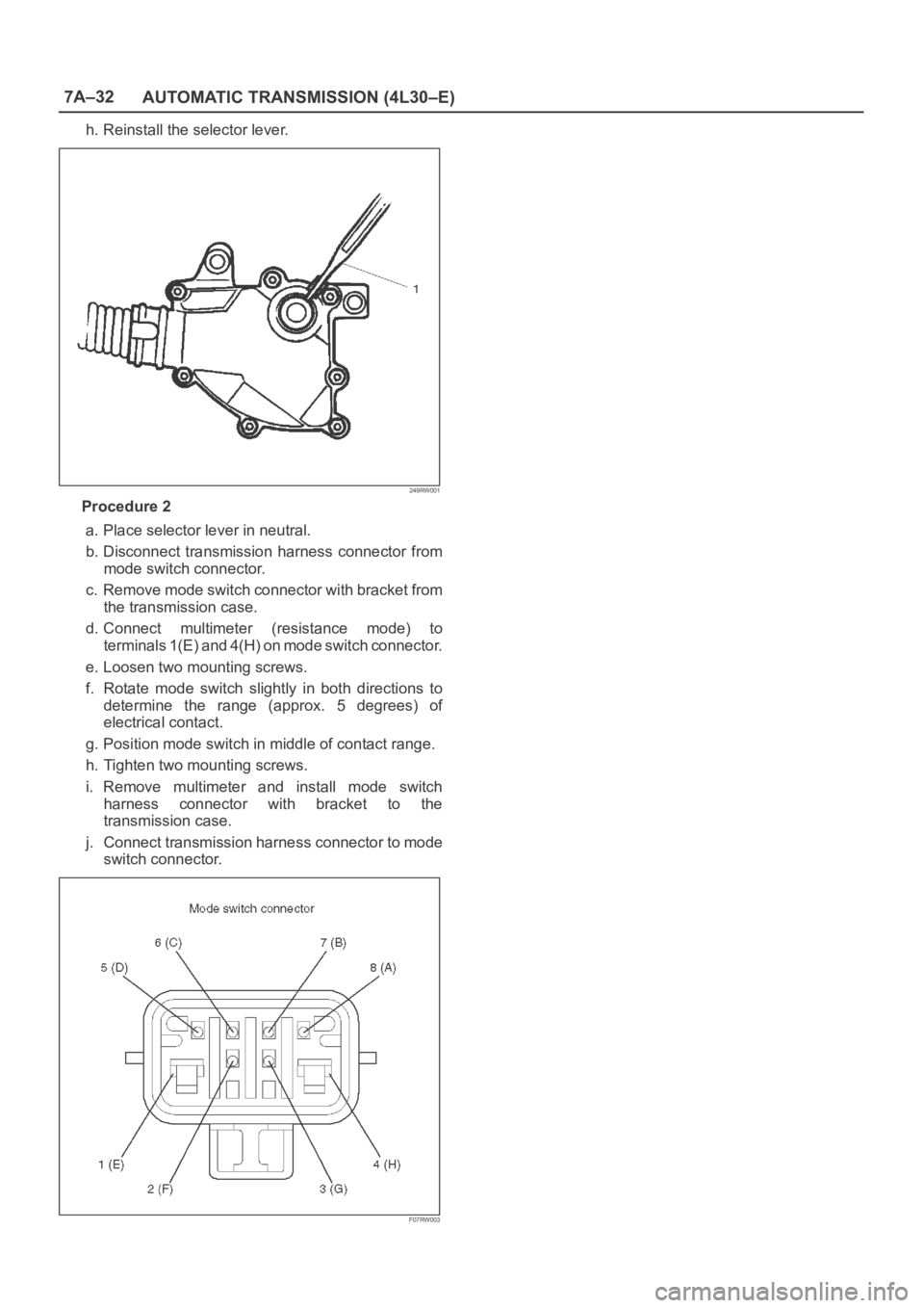 OPEL FRONTERA 1998  Workshop Manual 7A–32
AUTOMATIC TRANSMISSION (4L30–E)
h. Reinstall the selector lever.
249RW001
Procedure 2
a. Place selector lever in neutral.
b. Disconnect  transmission  harness  connector  from
mode switch co