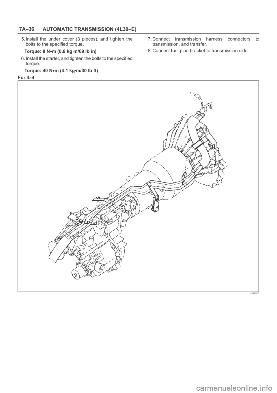 OPEL FRONTERA 1998  Workshop Manual 7A–36
AUTOMATIC TRANSMISSION (4L30–E)
5. Install  the  under  cover  (3  pieces),  and  tighten  the
bolts to the specified torque.
Torque: 8 N
m (0.8 kgꞏm/69 lb in)
6. Install the starter, and 