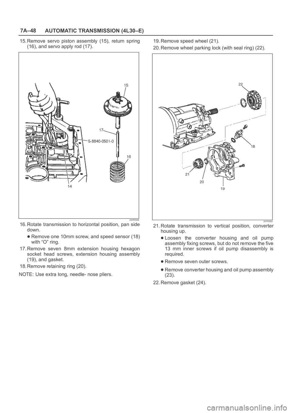OPEL FRONTERA 1998  Workshop Manual 7A–48
AUTOMATIC TRANSMISSION (4L30–E)
15. Remove  servo  piston  assembly  (15),  return  spring
(16), and servo apply rod (17).
242RW006
16. Rotate  transmission  to  horizontal  position,  pan  