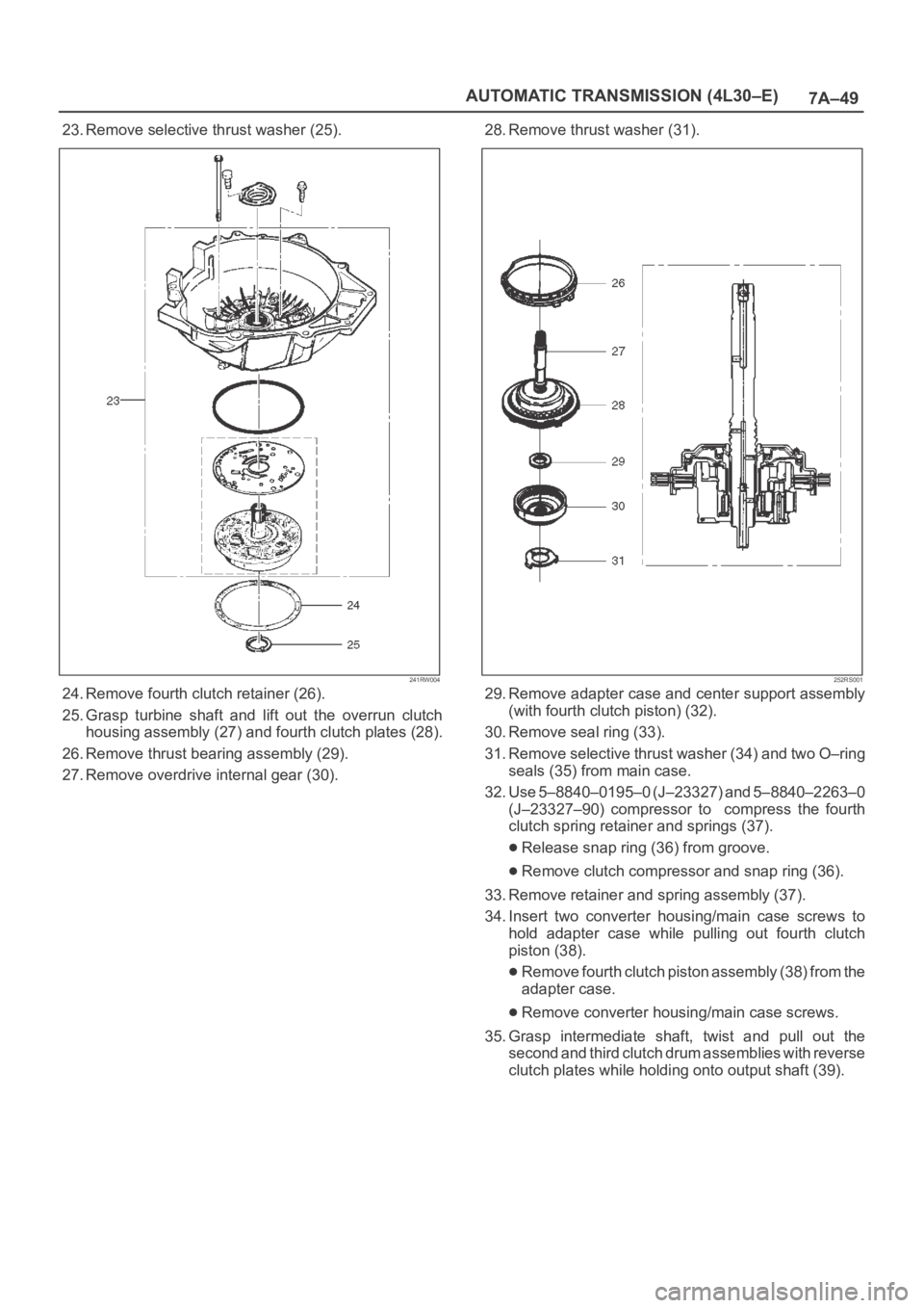 OPEL FRONTERA 1998 Workshop Manual 7A–49 AUTOMATIC TRANSMISSION (4L30–E)
23. Remove selective thrust washer (25).
241RW004
24. Remove fourth clutch retainer (26).
25. Grasp turbine shaft and lift out the overrun clutch
hous OPEL FRONTERA 1998 Workshop Manual 7A–49 AUTOMATIC TRANSMISSION (4L30–E)
23. Remove selective thrust washer (25).
241RW004
24. Remove fourth clutch retainer (26).
25. Grasp turbine shaft and lift out the overrun clutch
hous