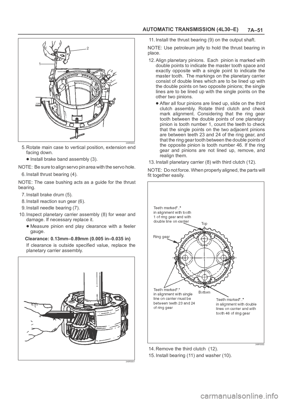OPEL FRONTERA 1998 Workshop Manual 7A–51 AUTOMATIC TRANSMISSION (4L30–E)
249RS005
5. Rotate main case to vertical position, extension end
facing down.
Install brake band assembly (3).
NOTE: Be sure to align servo pin area with the OPEL FRONTERA 1998 Workshop Manual 7A–51 AUTOMATIC TRANSMISSION (4L30–E)
249RS005
5. Rotate main case to vertical position, extension end
facing down.
Install brake band assembly (3).
NOTE: Be sure to align servo pin area with the