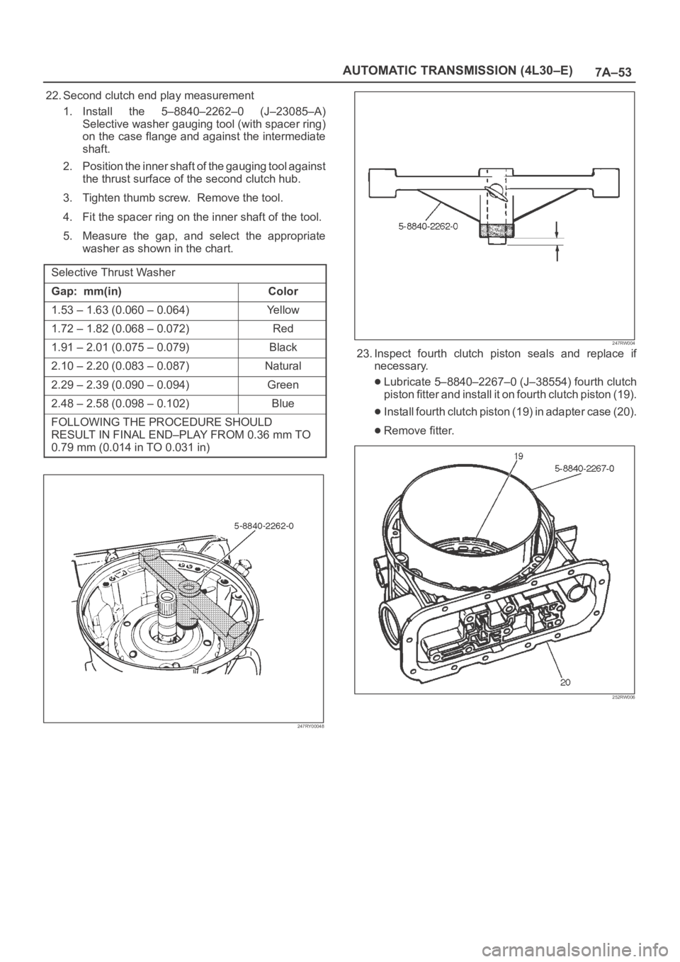 OPEL FRONTERA 1998 Workshop Manual 7A–53 AUTOMATIC TRANSMISSION (4L30–E)
22. Second clutch end play measurement
1. Install the 5–8840–2262–0 (J–23085–A)
Selective washer gauging tool (with spacer ring)
on the case flan OPEL FRONTERA 1998 Workshop Manual 7A–53 AUTOMATIC TRANSMISSION (4L30–E)
22. Second clutch end play measurement
1. Install the 5–8840–2262–0 (J–23085–A)
Selective washer gauging tool (with spacer ring)
on the case flan