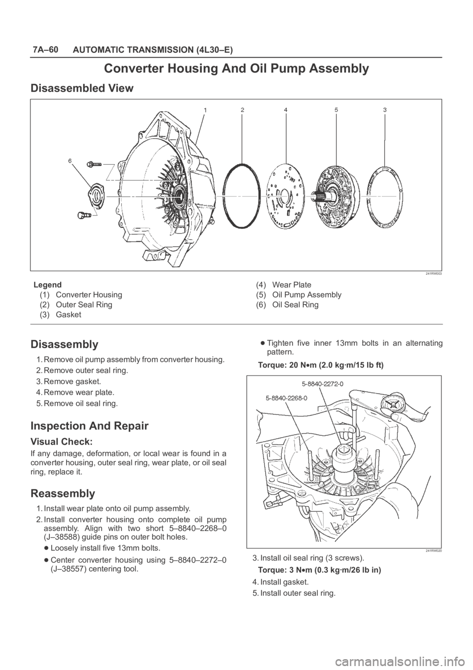 OPEL FRONTERA 1998 Workshop Manual 7A–60
AUTOMATIC TRANSMISSION (4L30–E)
Converter Housing And Oil Pump Assembly
Disassembled View
241RW003
Legend
(1) Converter Housing
(2) Outer Seal Ring
(3) Gasket(4) Wear Plate
(5) Oil Pump Asse OPEL FRONTERA 1998 Workshop Manual 7A–60
AUTOMATIC TRANSMISSION (4L30–E)
Converter Housing And Oil Pump Assembly
Disassembled View
241RW003
Legend
(1) Converter Housing
(2) Outer Seal Ring
(3) Gasket(4) Wear Plate
(5) Oil Pump Asse