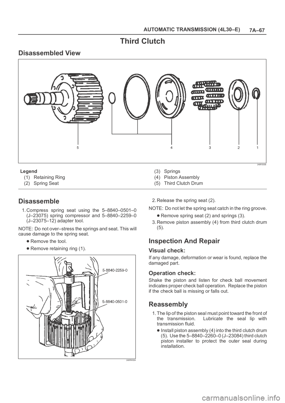 OPEL FRONTERA 1998 Workshop Manual 7A–67 AUTOMATIC TRANSMISSION (4L30–E)
Third Clutch
Disassembled View
248RS006
Legend
(1) Retaining Ring
(2) Spring Seat(3) Springs
(4) Piston Assembly
(5) Third Clutch Drum
Disassemble
1. Compress OPEL FRONTERA 1998 Workshop Manual 7A–67 AUTOMATIC TRANSMISSION (4L30–E)
Third Clutch
Disassembled View
248RS006
Legend
(1) Retaining Ring
(2) Spring Seat(3) Springs
(4) Piston Assembly
(5) Third Clutch Drum
Disassemble
1. Compress