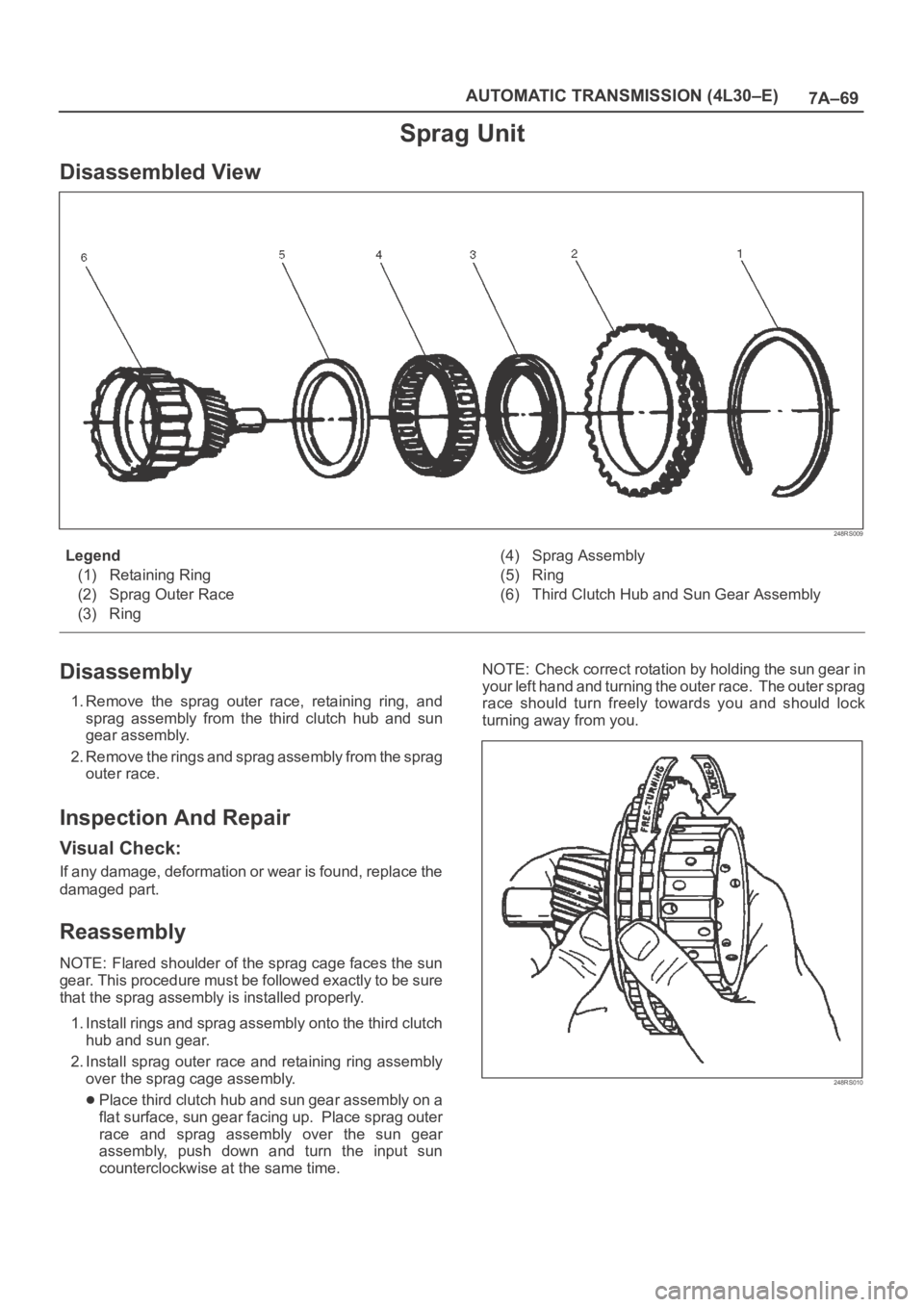 OPEL FRONTERA 1998 Workshop Manual 7A–69 AUTOMATIC TRANSMISSION (4L30–E)
Sprag Unit
Disassembled View
248RS009
Legend
(1) Retaining Ring
(2) Sprag Outer Race
(3) Ring(4) Sprag Assembly
(5) Ring
(6) Third Clutch Hub and Sun Gear Ass OPEL FRONTERA 1998 Workshop Manual 7A–69 AUTOMATIC TRANSMISSION (4L30–E)
Sprag Unit
Disassembled View
248RS009
Legend
(1) Retaining Ring
(2) Sprag Outer Race
(3) Ring(4) Sprag Assembly
(5) Ring
(6) Third Clutch Hub and Sun Gear Ass