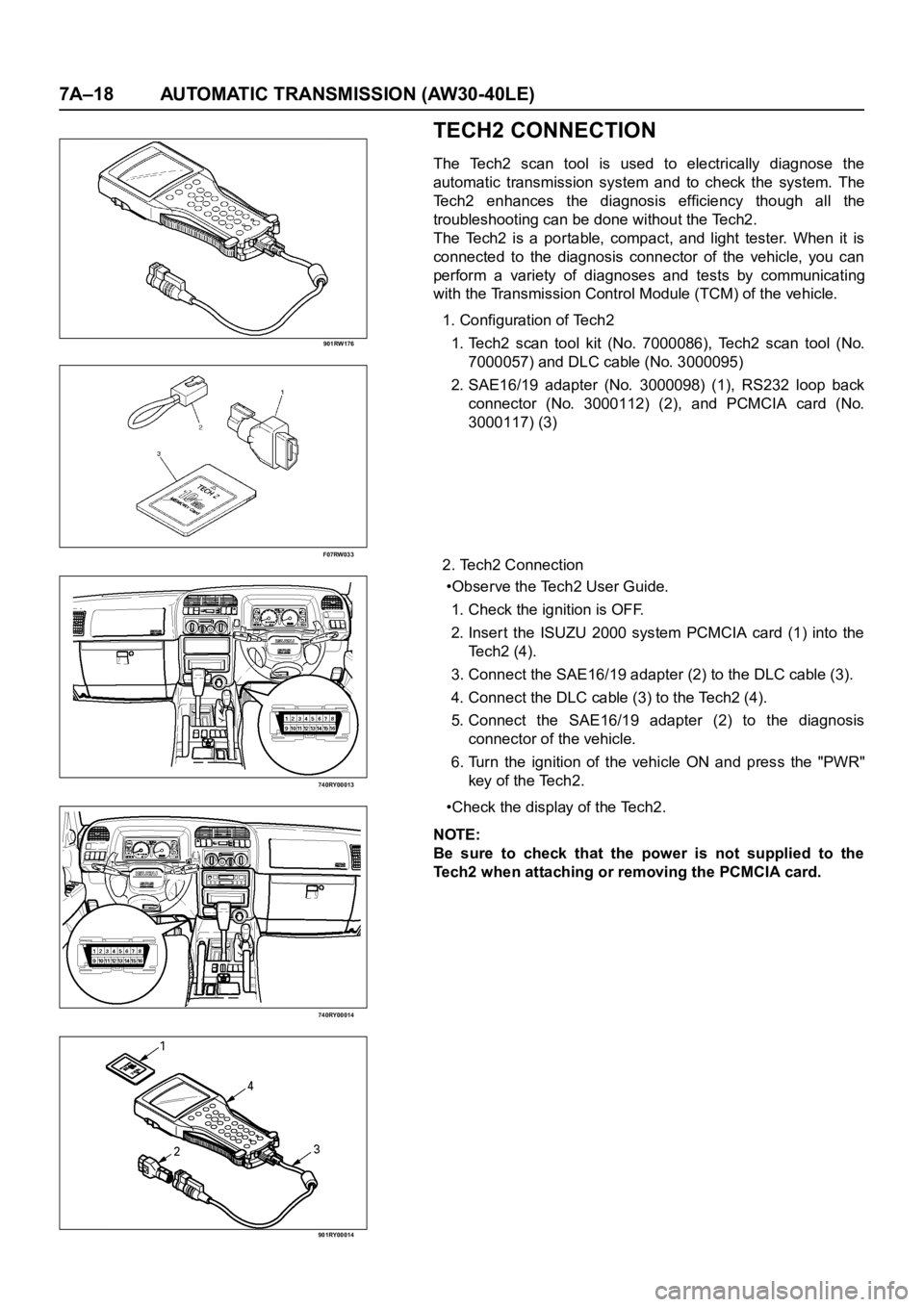 OPEL FRONTERA 1998  Workshop Manual 7A–18 AUTOMATIC TRANSMISSION (AW30-40LE)
901RW176
F07RW033
740RY00013
740RY00014
901RY00014
TECH2 CONNECTION
The  Tech2  scan  tool  is  used  to  electrically  diagnose  the
automatic  transmission