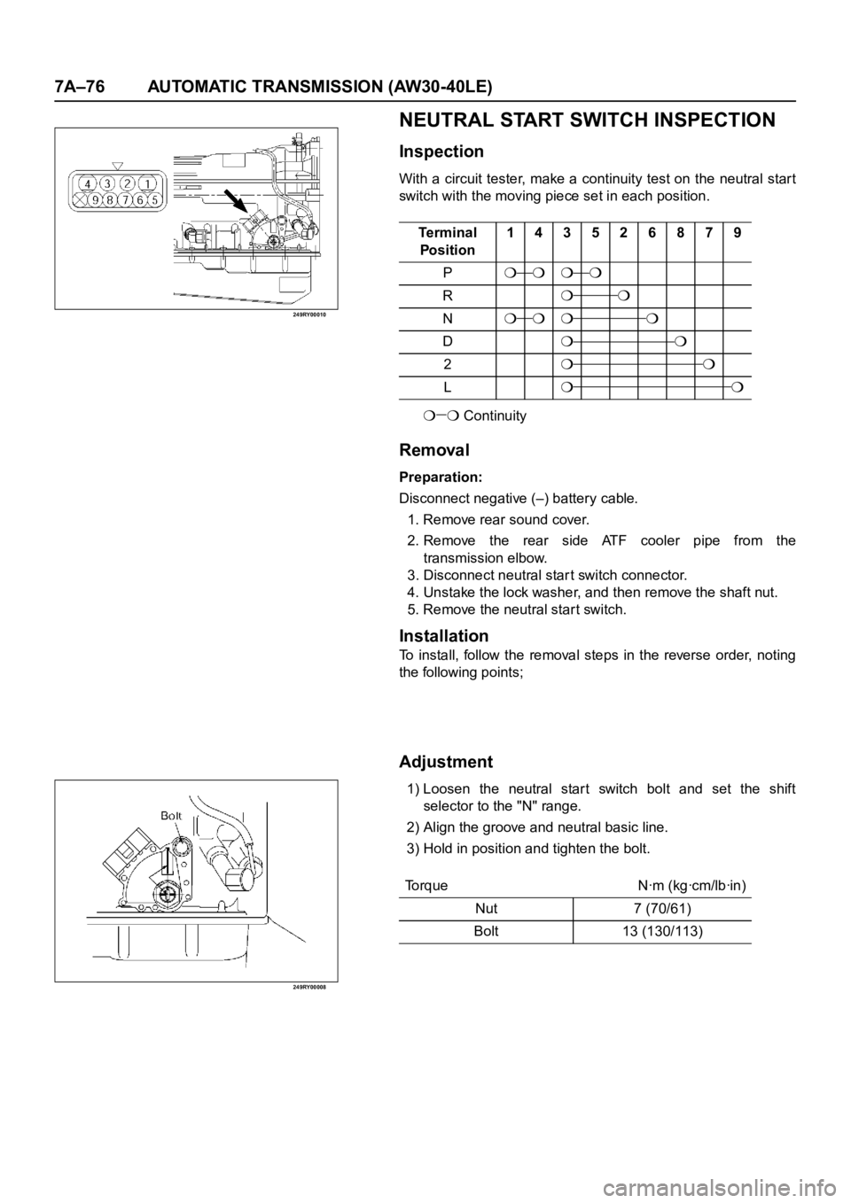 OPEL FRONTERA 1998  Workshop Manual 7A–76 AUTOMATIC TRANSMISSION (AW30-40LE)
249RY00010
249RY00008
NEUTRAL START SWITCH INSPECTION
Inspection
With a circuit tester, make a continuity test on the neutral star t
switch with the moving p