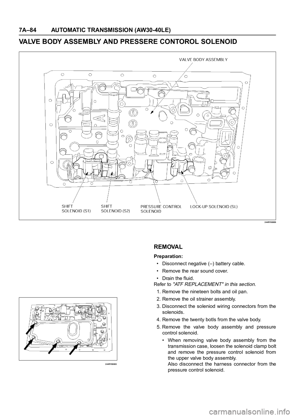OPEL FRONTERA 1998  Workshop Manual 7A–84 AUTOMATIC TRANSMISSION (AW30-40LE)
VALVE BODY ASSEMBLY AND PRESSERE CONTOROL SOLENOID
244RY00009
  244RY00003
REMOVAL
Preparation:
• Disconnect negative (–) battery cable.
• Remove the r