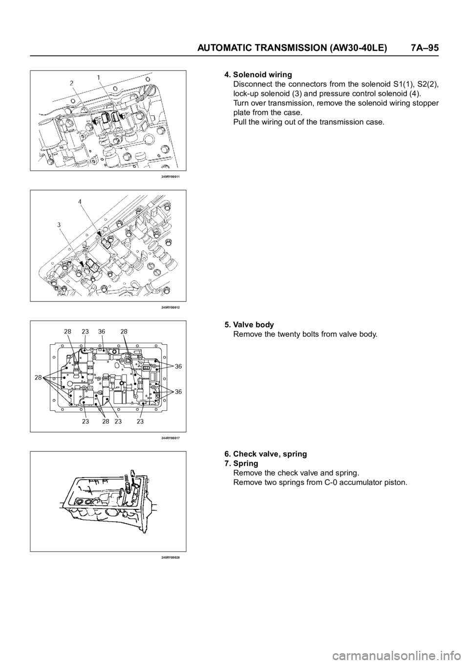 OPEL FRONTERA 1998  Workshop Manual AUTOMATIC TRANSMISSION (AW30-40LE) 7A–95
249RY00011
249RY00012
244RY00017
240RY00028
4. Solenoid wiring
Disconnect  the connectors  from  the solenoid  S1(1),  S2(2),
lock-up solenoid (3) and pressu