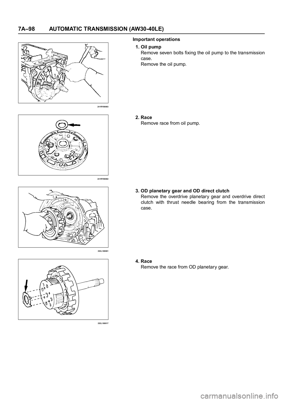 OPEL FRONTERA 1998  Workshop Manual 7A–98 AUTOMATIC TRANSMISSION (AW30-40LE)
241RY00003
241RY00002
252L100001
252L100017
Important operations
1. Oil pump
Remove seven bolts fixing the oil pump to the transmission
case.
Remove the oil 