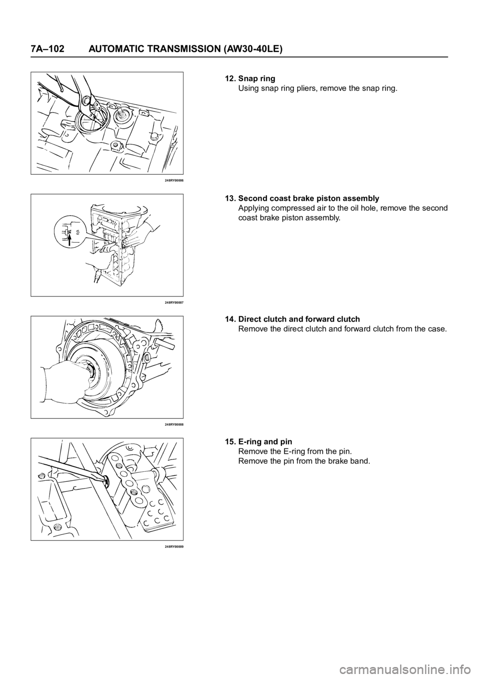 OPEL FRONTERA 1998  Workshop Manual 7A–102 AUTOMATIC TRANSMISSION (AW30-40LE)
248RY00006
248RY00007
248RY00008
248RY00009
12. Snap ring
Using snap ring pliers, remove the snap ring.
13. Second coast brake piston assembly
Applying comp