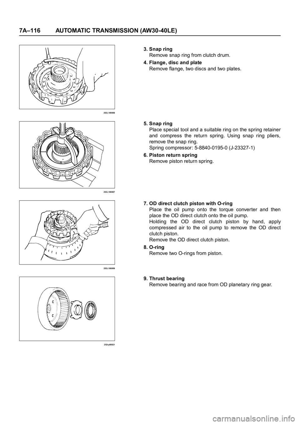 OPEL FRONTERA 1998  Workshop Manual 7A–116 AUTOMATIC TRANSMISSION (AW30-40LE)
252L100006
252L100007
252L100008
252ry00021
3. Snap ring
Remove snap ring from clutch drum.
4. Flange, disc and plate
Remove flange, two discs and two plate