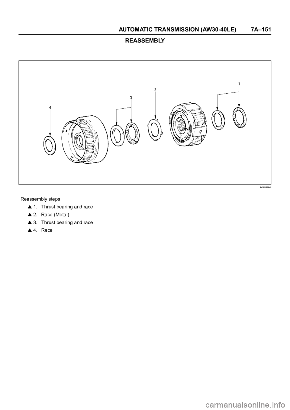 OPEL FRONTERA 1998  Workshop Manual AUTOMATIC TRANSMISSION (AW30-40LE) 7A–151
REASSEMBLY
247RY00045
Reassembly steps
 1. Thrust bearing and race
 2. Race (Metal)
 3. Thrust bearing and race
 4. Race 