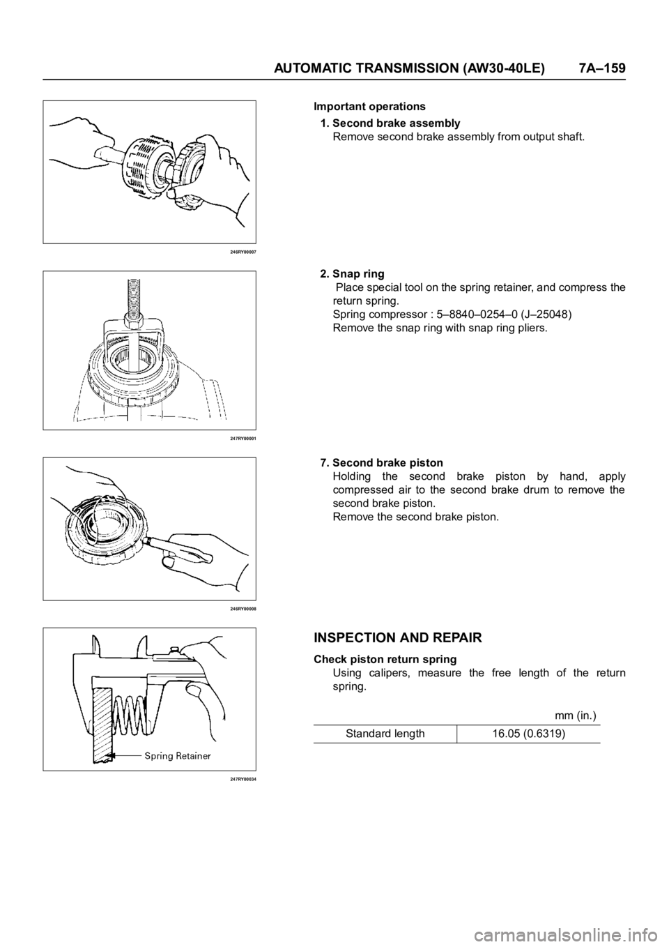 OPEL FRONTERA 1998  Workshop Manual AUTOMATIC TRANSMISSION (AW30-40LE) 7A–159
246RY00007
247RY00001
246RY00008
247RY00034
Important operations
1. Second brake assembly
Remove second brake assembly from output shaft.
2. Snap ring
 Plac