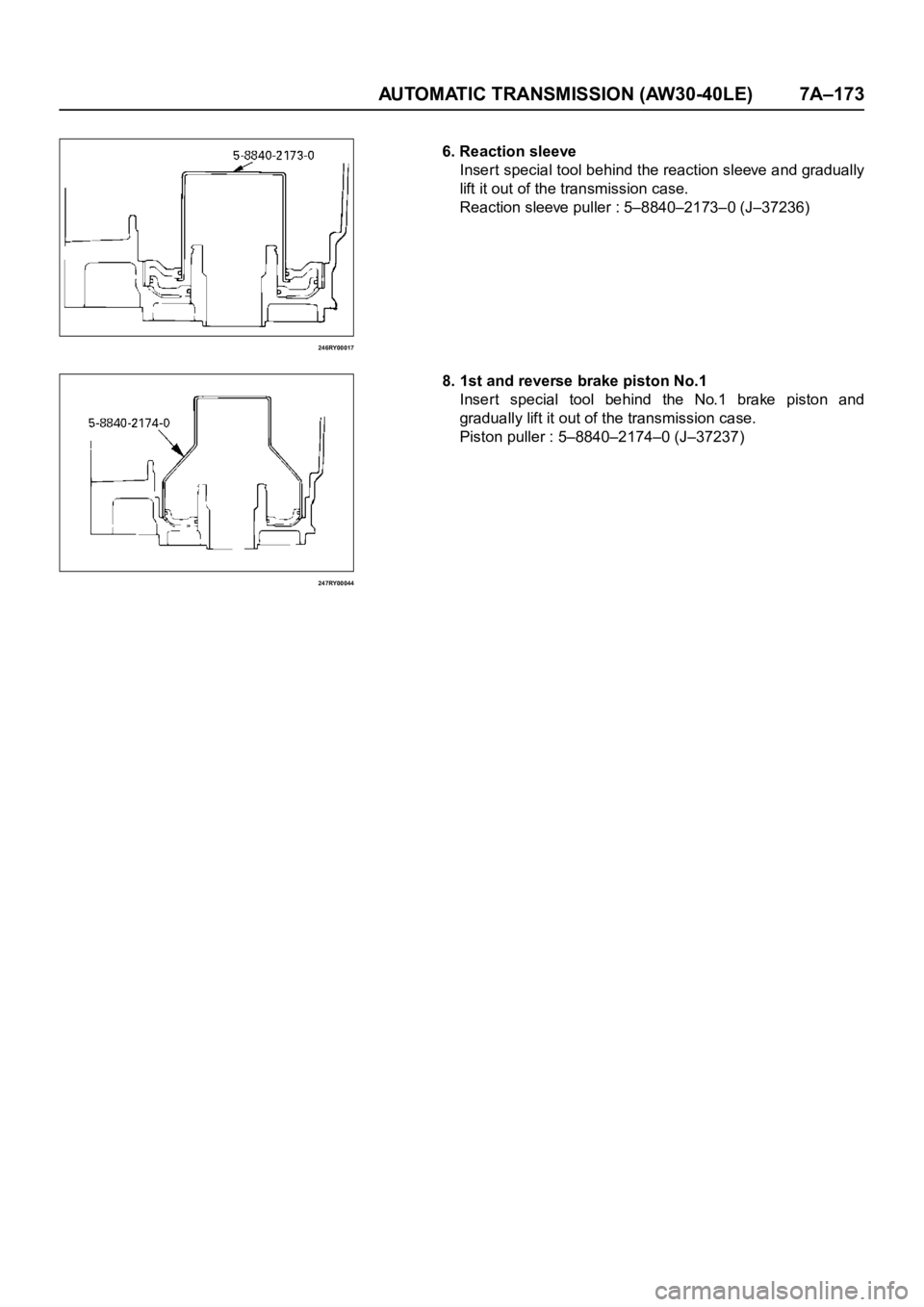 OPEL FRONTERA 1998  Workshop Manual AUTOMATIC TRANSMISSION (AW30-40LE) 7A–173
246RY00017
247RY00044
6. Reaction sleeve
Insert special tool behind the reaction sleeve and gradually
lift it out of the transmission case.
Reaction sleeve 