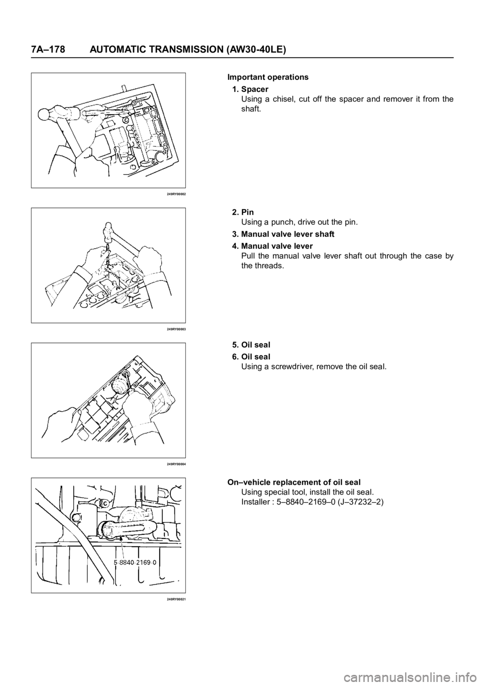 OPEL FRONTERA 1998  Workshop Manual 7A–178 AUTOMATIC TRANSMISSION (AW30-40LE)
249RY00002
249RY00003
249RY00004
240RY00021
Important operations
1. Spacer
Using  a  chisel,  cut  off  the  spacer  and  remover  it  from  the
shaft.
2. P