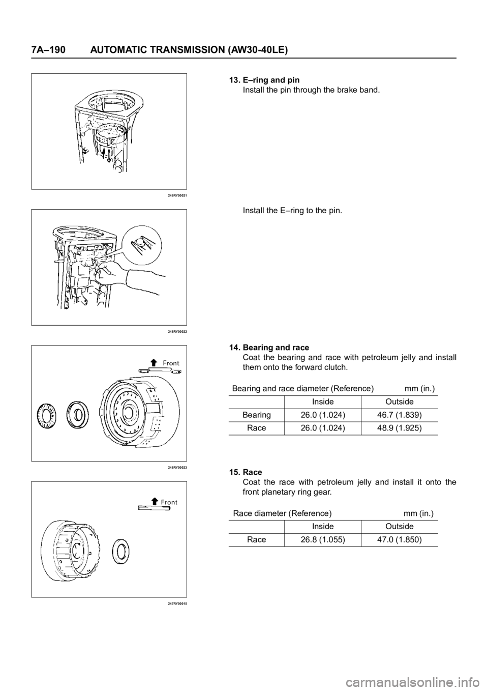 OPEL FRONTERA 1998  Workshop Manual 7A–190 AUTOMATIC TRANSMISSION (AW30-40LE)
248RY00021
248RY00022
248RY00023
247RY00015
13. E–ring and pin
Install the pin through the brake band.
Install the E–ring to the pin.
14. Bearing and ra