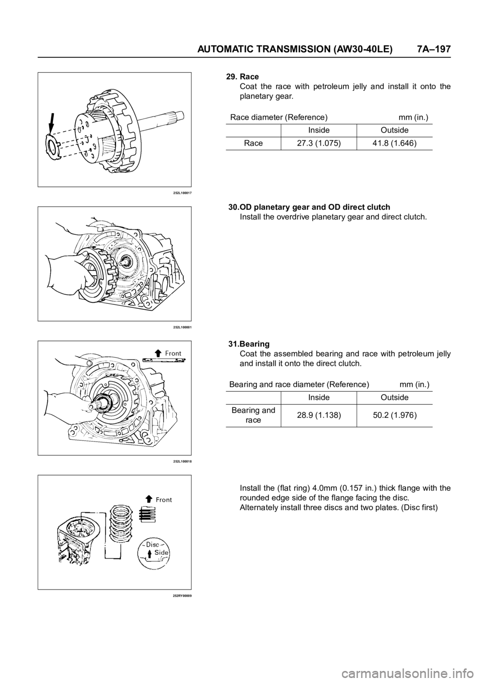 OPEL FRONTERA 1998  Workshop Manual AUTOMATIC TRANSMISSION (AW30-40LE) 7A–197
252L100017
252L100001
252L100018
252RY00009
29. Race
Coat  the  race  with  petroleum  jelly  and  install  it  onto  the
planetary gear.
30.OD planetary ge