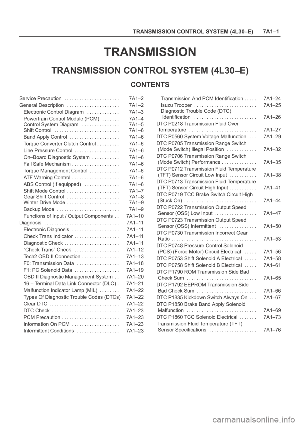 OPEL FRONTERA 1998 Workshop Manual TRANSMISSION CONTROL SYSTEM (4L30–E)7A1–1
TRANSMISSION
TRANSMISSION CONTROL SYSTEM (4L30–E)
CONTENTS
Service Precaution 7A1–2. . . . . . . . . . . . . . . . . . . . . .
General Description 7A OPEL FRONTERA 1998 Workshop Manual TRANSMISSION CONTROL SYSTEM (4L30–E)7A1–1
TRANSMISSION
TRANSMISSION CONTROL SYSTEM (4L30–E)
CONTENTS
Service Precaution 7A1–2. . . . . . . . . . . . . . . . . . . . . .
General Description 7A